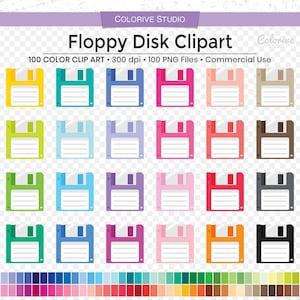 May include: A set of 100 colourful floppy disk clipart images. The disks are in various colours, including red, blue, green, yellow, orange, purple, pink, brown, and black. The clipart is perfect for use in digital projects, such as websites, social media, and presentations.