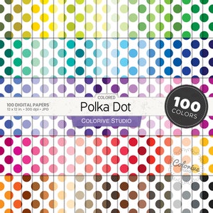Könnte beinhalten: 100 digitale Papiere mit Polka-Dot-Mustern in verschiedenen Farben. Jedes Papier ist 30,48 cm x 30,48 cm groß und hat eine Auflösung von 300 dpi. Die Papiere sind in Reihen von 10 angeordnet, wobei jede Reihe eine andere Farbe zeigt.