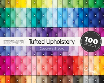 May include: 100 digital papers featuring a tufted upholstery design in various colors. Each paper is 12 x 12 inches and 300 dpi. The papers are arranged in a grid pattern, with each color represented in a separate square. The text "Tufted Upholstery" and "Colorive Studio" is displayed in the center of the image. The text "100 Colors" is displayed in a circle in the upper right corner of the image.