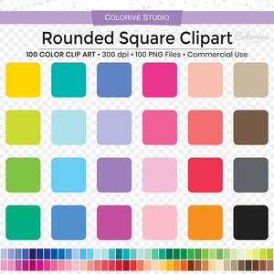May include: A digital graphic featuring a variety of colorful, rounded square clip art. The image includes the text "Rounded Square Clipart" and "100 COLOR CLIP ART 300 dpi 100 PNG Files Commercial Use". The squares are in various colors, including yellow, blue, pink, and green.