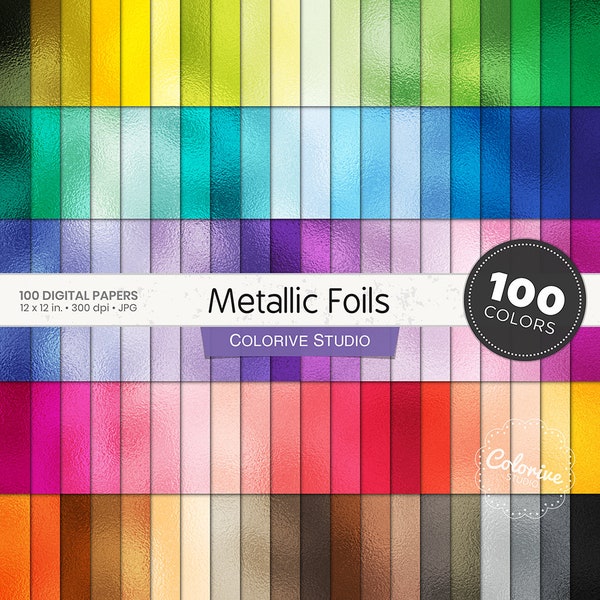 Foil digital paper 100 rainbow colors metallic foil background textures bright pastel printable scrapbook papers commercial use