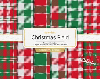 Christmas Plaid digital paper, green and red buffalo plaid, holiday lumberjack gingham tartan scrapbook papers personal and commercial use