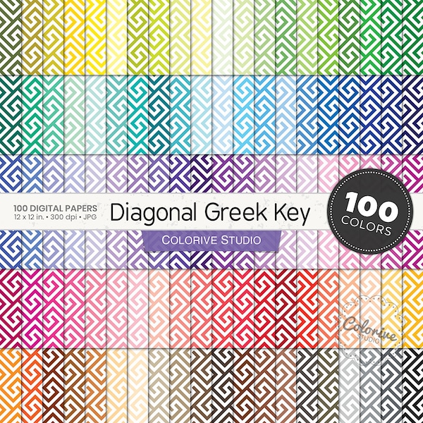 Diagonal Greek Key digital paper 100 rainbow colors white geometric greek key pattern bright pastel background printable scrapbook papers