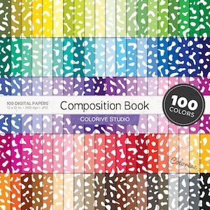 May include: A collection of 100 digital papers featuring a classic composition book speckled pattern in a wide variety of colours. The image includes text stating 100 DIGITAL PAPERS 12 x 12 in. 300 dpi JPG, Composition Book, and 100 COLOURS.