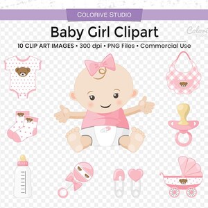 Baby Girl clipart, cute bear baby soft pink clothes with bear socks rattle bottle pacifier planner stickers clip art set commercial use