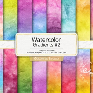 Puede incluir: Un conjunto de 16 fondos digitales de degradado de acuarela en varios colores. Cada fondo mide 30,5 cm por 30,5 cm y 300 dpi. El texto "Watercolor Gradients #2" y "COLORIVE STUDIO" está incluido en la imagen.