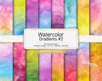 Watercolor Gradients 2 digital paper, rainbow water color paint brush strokes ombre background scrapbook papers personal and commercial use