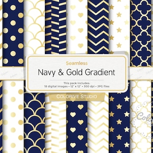 Puede incluir: Conjunto de 18 patrones digitales sin costuras en azul marino y dorado. Los patrones incluyen rayas, lunares, corazones, estrellas, chevron y diseños geométricos.  Seamless Navy & Gold Gradient. This pack includes: 18 digital images 12" x 12" 300 dpi JPG files COLORIVE STUDIO