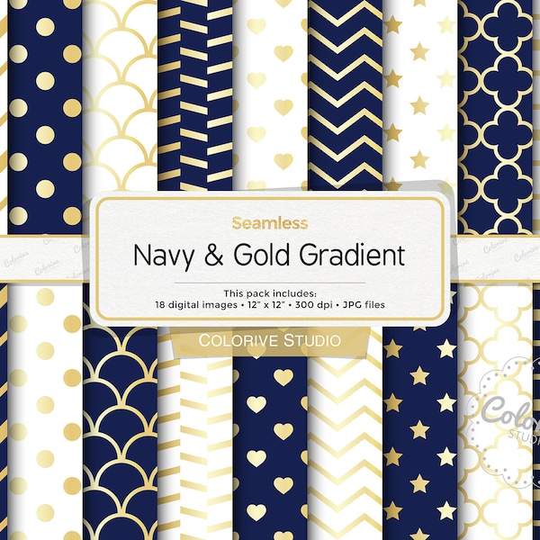 Navy Blue, White & Gold digital paper, navy, dark blue and gold, white and gold, gold wedding, scrapbook papers (Instant Download)