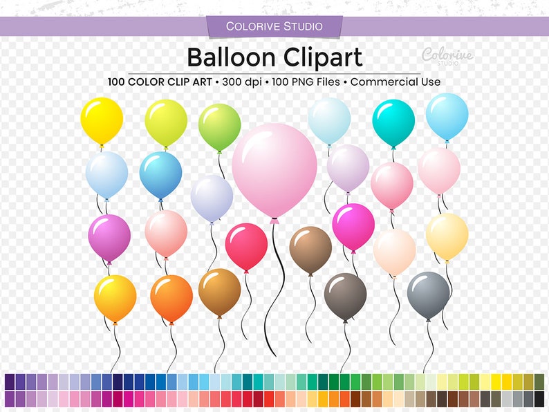 Pu&ograve; includere: Una collezione di clipart di palloncini colorati in varie tonalit&agrave;, tra cui giallo, verde, blu, rosa e marrone. L'immagine include il testo "Balloon Clipart" e "100 COLOR CLIP ART". Adatto per decorazioni per feste o design digitali.