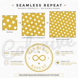 Puede incluir: Un gr&aacute;fico digital que demuestra un patr&oacute;n de repetici&oacute;n sin costuras con lunares blancos sobre un fondo dorado. La imagen muestra un cuadrado original, una versi&oacute;n en mosaico y una repetici&oacute;n infinita, junto a una insignia circular con la etiqueta SEAMLESS REPEAT.