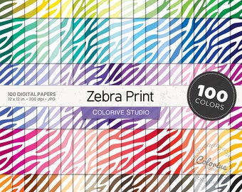 100 Zebra Digital Papers, Rainbow Pastel Bright Animal Print Pattern, Printable Scrapbooking Background