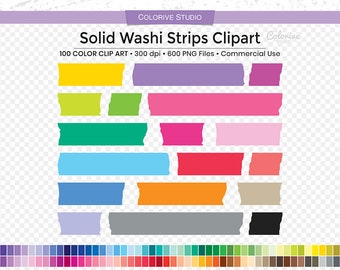 May include: A collection of colorful washi tape strips in various colors, including yellow, purple, green, pink, blue, orange, and gray. The image includes the text "Solid Washi Strips Clipart" and "Colorive Studio".