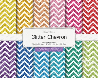 Glitter Chevron digital paper in pink red purple yellow blue and green glitter textures background seamless scrapbook papers commercial use