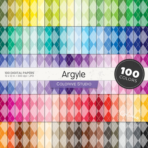 Argyle digital paper 100 rainbow colors stitched diamond jacquard pattern bright pastel background printable scrapbook papers