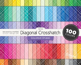 May include: A collection of 100 digital papers featuring a diagonal crosshatch pattern in various colors. The text reads 100 DIGITAL PAPERS 12 x 12 in. 300 dpi JPG, TINTED Diagonal Crosshatch, COLORIVE STUDIO, and 100 COLORS in a black circle.