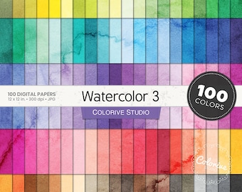 Watercolor 3 digital paper 100 rainbow colors water colour background texture bright pastel printable scrapbook papers commercial use