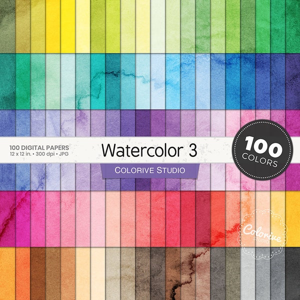 Watercolor 3 digital paper 100 rainbow colors water colour background texture bright pastel printable scrapbook papers commercial use