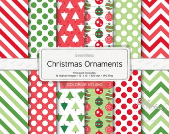 Christmas Ornaments digital paper, green and red holiday trees ornament patterns, background scrapbook papers personal and commercial use