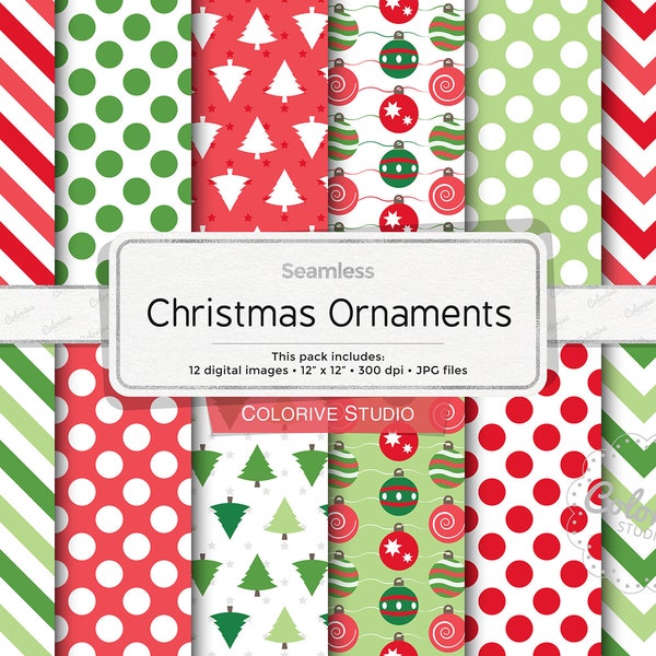 Christmas Ornaments digital paper, green and red holiday trees ornament patterns, background scrapbook papers personal and commercial use