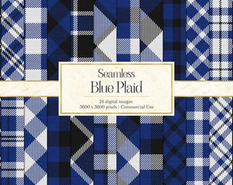 May include: A collection of 24 digital images featuring various seamless blue, black, and white plaid patterns. A central white rectangular label with a gold border displays the text Seamless Blue Plaid, 24 digital images, 3600 x 3600 pixels.
