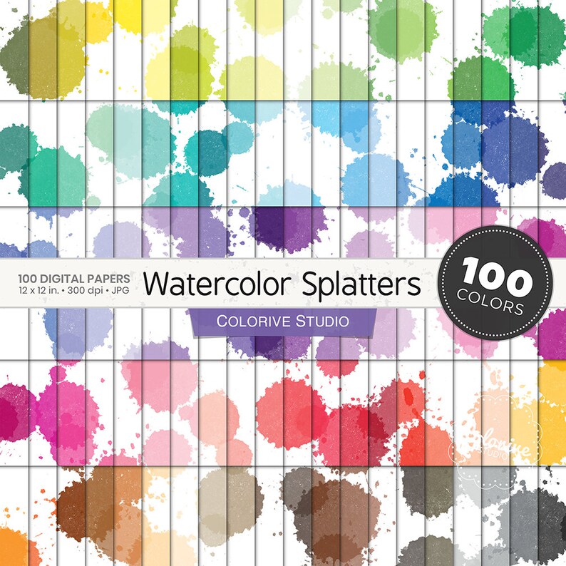Watercolor Splatters digital paper 100 rainbow colors water colour drop splash background textures bright pastel printable scrapbook papers image 1