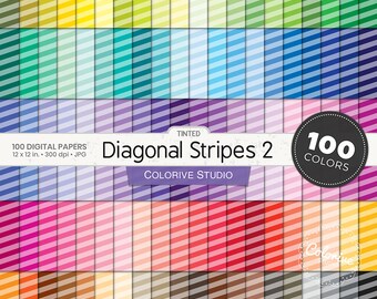 100 Tinted Diagonal Stripes Digital Papers: Rainbow Seamless Pattern Background (Digital Download)