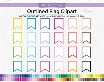 100 Outlined Flag clipart in rainbow colors pennant solid outline flags png clip art planner stickers supplies personal and commercial use