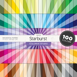 Getint Starburst digitaal papier 100 regenboogkleuren zonnestraal lichtuitbarsting heldere pastel achtergrond afdrukbare plakboekpapier commercieel gebruik