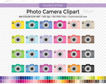 May include: A set of 100 colorful camera clip art images. The cameras are in various colors, including yellow, green, blue, purple, pink, red, orange, brown, and gray. The cameras are all in the same style, with a simple design and a lens in the center. The clip art is perfect for use in digital scrapbooking, card making, and other craft projects.