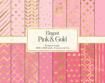 May include: A collection of 16 digital images featuring pink and gold patterns, including stripes, hearts, leaves, polka dots, damask, quatrefoil, diamonds, chevrons, scales, stars, and triangles. The central text reads Elegant Pink & Gold 16 digital images 3600 x 3600 pixels.