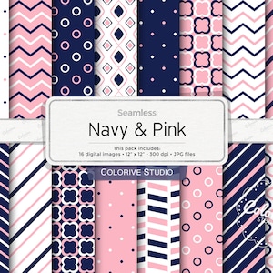 Carta digitale blu navy e rosa, strisce a zig zag a pois, motivi geometrici marocchini rosa e blu, carte per scrapbooking stampabili, uso commerciale