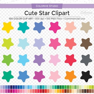 100 個の丸い星のクリップアート、虹色のかわいい丸い星、PNG イラスト、プランナー ステッカー、個人および商業利用