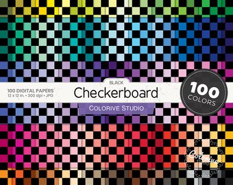 Black Checkerboard digital paper 100 rainbow colors checkered check squares pattern bright pastel background printable scrapbook papers