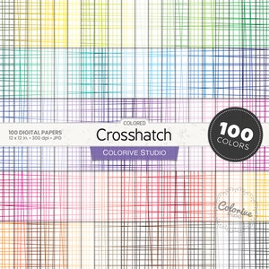 Puede incluir: Una colección de 100 papeles digitales con un diseño de trama cruzada coloreada. Cada papel mide 30,48 x 30,48 cm y presenta una combinación de colores única. La imagen incluye el texto "Crosshatch" y "100 Colors".