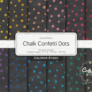 Chalk Confetti Dots digital papers, rainbow chalk dots grunge black chalkboard texture paper, scrapbook papers (Instant Download)