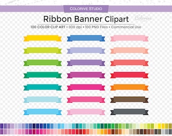 Op de afbeelding: Een set van 100 kleurrijke lintbanner clipart afbeeldingen. De banners zijn in verschillende kleuren, waaronder geel, groen, blauw, paars, roze, rood, oranje, bruin en grijs. De banners zijn allemaal dezelfde grootte en vorm, en ze zijn allemaal in een platte stijl. De afbeelding bevat ook een kleurenpalet van 100 kleuren.