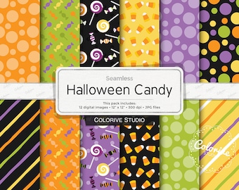 Halloween Candy digital paper, fun candy corn lollipop patterns background printable scrapbook papers personal and commercial use