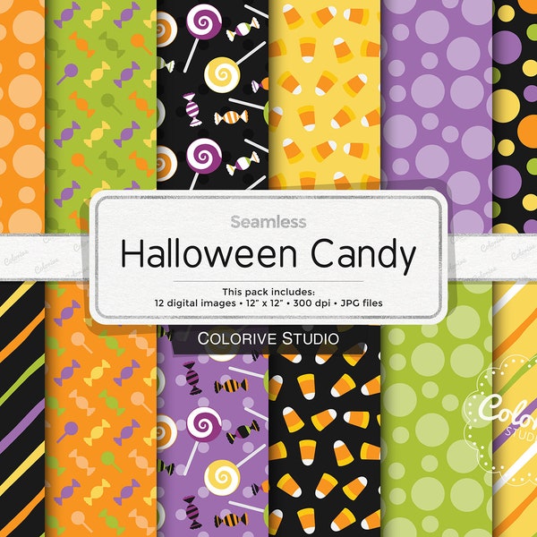 Halloween Candy digital paper, fun candy corn lollipop patterns background printable scrapbook papers personal and commercial use