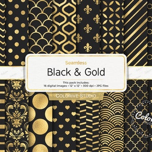 Zwart en goud digitaal papier naadloze elegante goud folie patronen op zwarte achtergrond afdrukbare scrapbook papers persoonlijk en commercieel gebruik