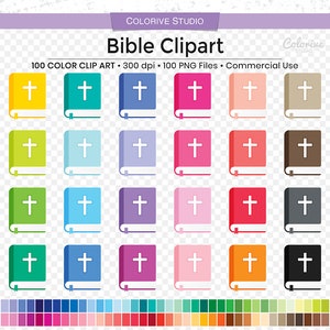 May include: A set of 100 colorful clip art images of a closed book with a white cross on the cover. The book is in various colors, including yellow, green, blue, purple, red, orange, brown, and gray. The text "Bible Clipart" is at the top of the image.