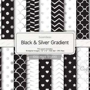 Black White & Silver digital paper, white and silver, black and silver gradient, silver patterns, scrapbook papers (Instant Download)