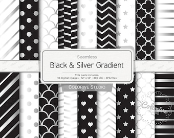 Black White & Silver digital paper, white and silver, black and silver gradient, silver patterns, scrapbook papers (Instant Download)
