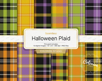 Halloween Plaid digital paper, green purple yellow orange, halloween lumberjack tartan scrapbook papers (Instant Download)