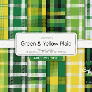 Groen en geel geruit digitaal papier, Saint Patrick's Day geruite tartan, groengeel patroon, achtergrond plakboekpapier (direct downloaden)
