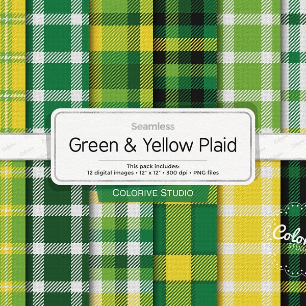 Green & Yellow Plaid digital paper, Saint Patrick's Day plaid tartan, green yellow pattern, background scrapbook papers (Instant Download)