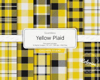 Yellow Plaid digital paper, yellow white and black checkered lumberjack buffalo tartan, gingham scrapbook papers commercial use