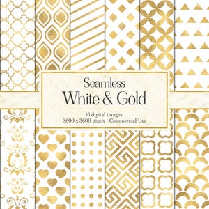 Digitales Papier in Weiß und Gold, nahtlose, elegante Hochzeitsmuster (Sofort-Download)