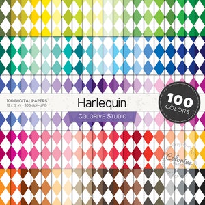 May include: A collection of 100 digital papers with a harlequin pattern in various colors. Each paper measures 12 x 12 inches and has a resolution of 300 dpi. The papers are from Colorive Studio.