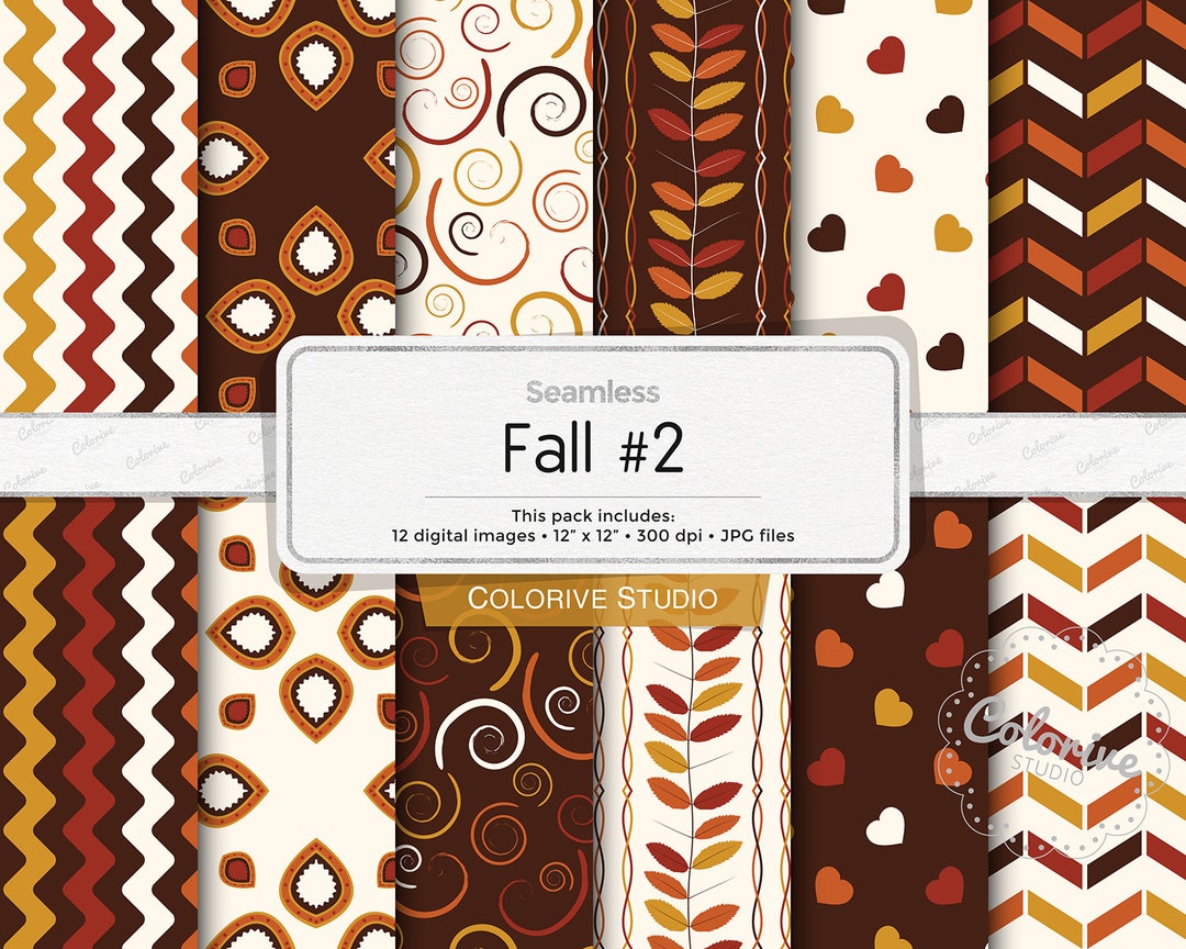 Fall 2 Digital Paper, Autumn Leaves Hearts Twirls Geometric Patterns in ...